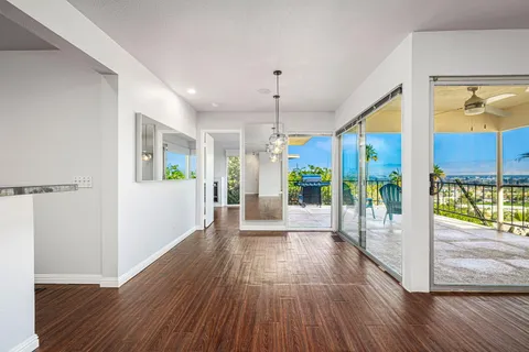 a view of a big room with wooden floor and a fireplace