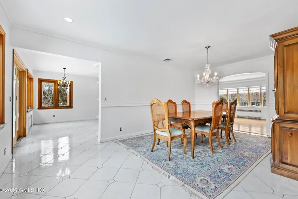 a view of a dining room with furniture