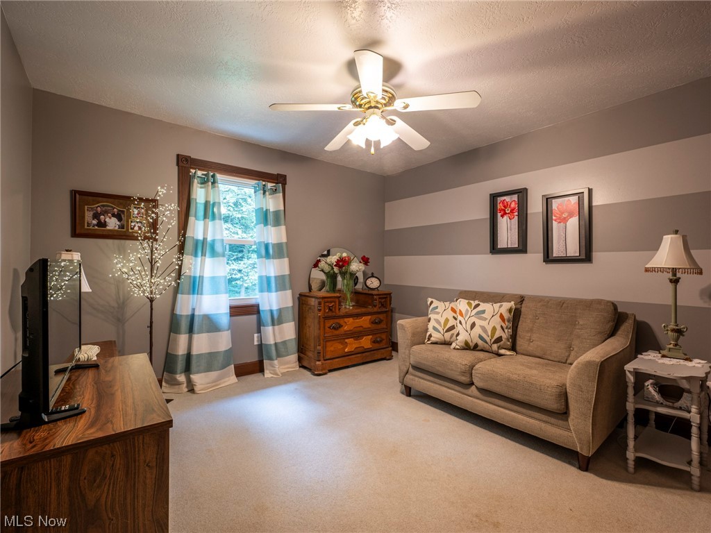 9452 Pleasant Hill Road Northwest Dundee, OH 44624 - Photo 24 of 35 Living room featuring a textured ceiling and ceiling fan