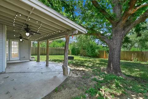 a view of a backyard with a tree