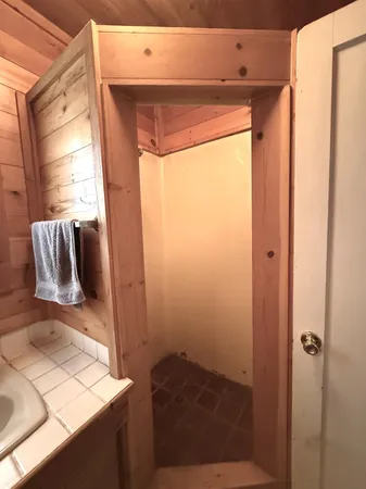a bathroom with a shower and a sink