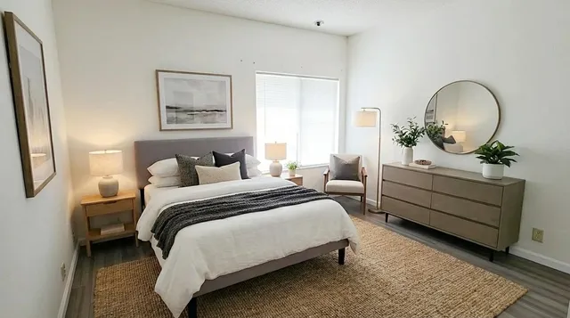 a bedroom with bed and a large window