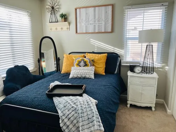 a bedroom with a bed and dresser