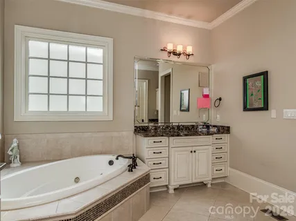 a bathroom with a tub sink and mirror