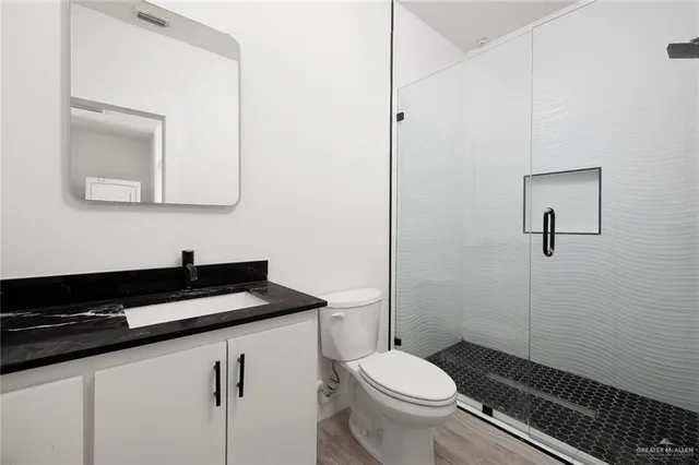 a bathroom with a granite countertop toilet sink and mirror