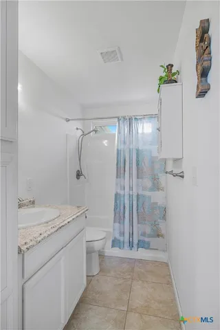 a bathroom with a granite countertop sink a toilet and shower