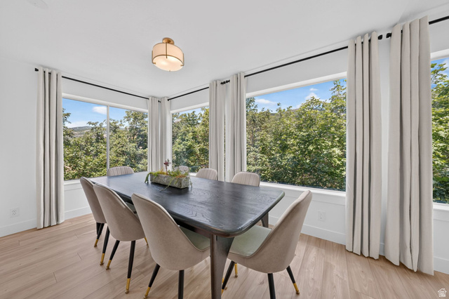 1979 Cave Hollow Way Bountiful, UT 84010 - Photo 19 of 59 Dining area featuring expansive windows, wood-finish flooring, a contemporary semi-flush mount light fixture, and white walls