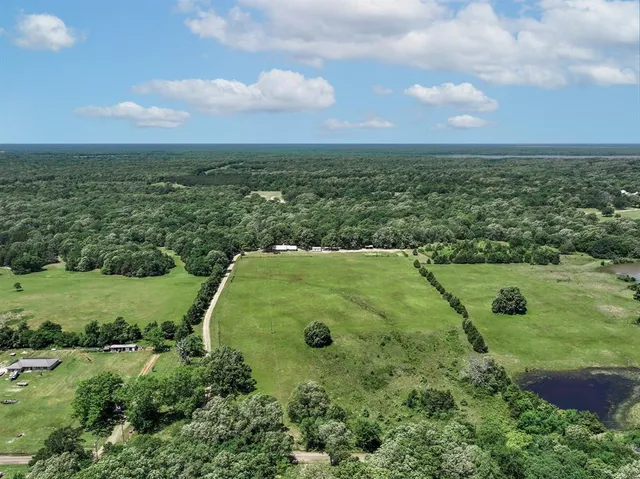 an aerial view of a residential houses with outdoor space and trees