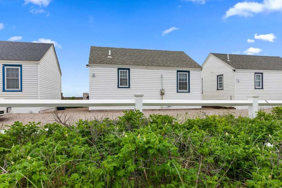 a backyard of a house with large trees and plants