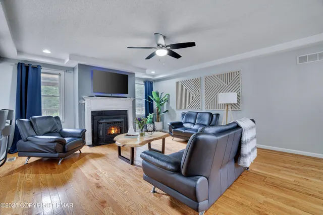 a living room with furniture and a fireplace