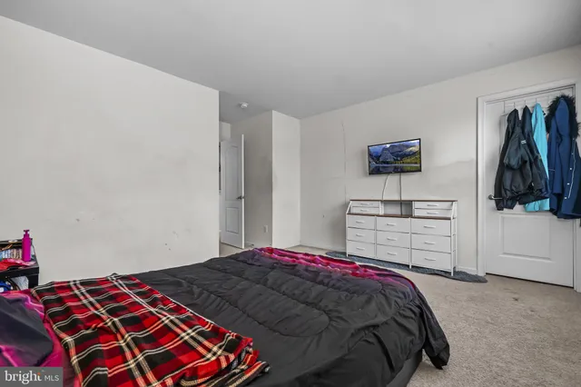 a bedroom with a bed and a closet