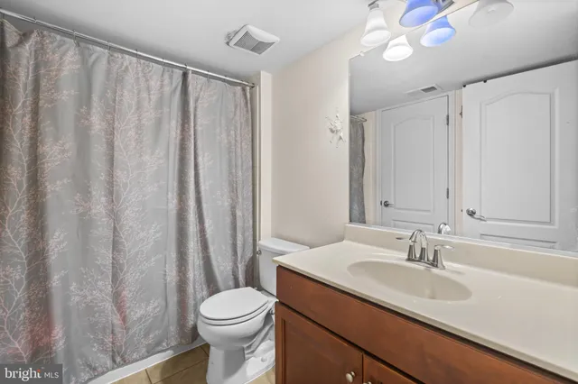 a bathroom with a sink a toilet and shower curtain