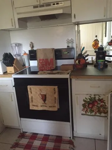 a kitchen with a cabinets and a potted plant