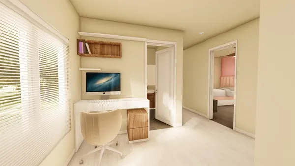 a bedroom with a bed and a night stand