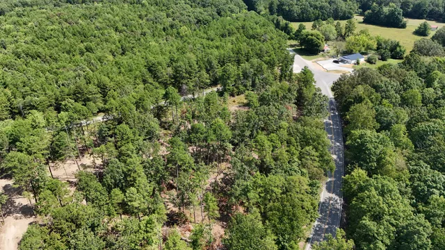 an aerial view of residential house with outdoor space and trees all around