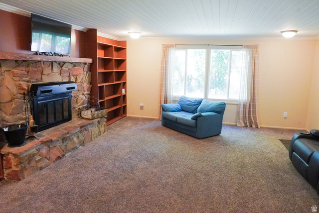 324 Stringtown Road Georgetown, ID 83239 - Photo 26 of 49 Living room featuring a stone fireplace, crown molding, carpet floors, and wooden ceiling