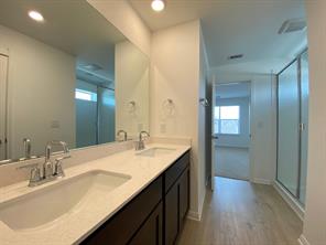 213 Saide Street Georgetown, TX 78626 - Photo 22 of 32 Spacious bathroom featuring a dual vanity with light-colored countertops, polished chrome fixtures, and dark wood-finish cabinetry