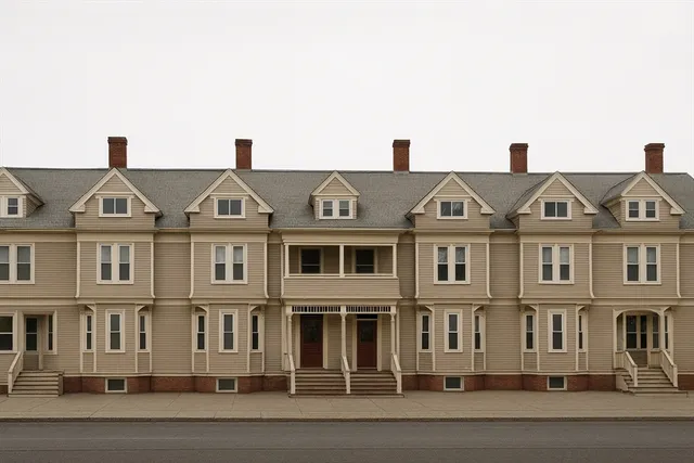 a front view of a building with lot of windows
