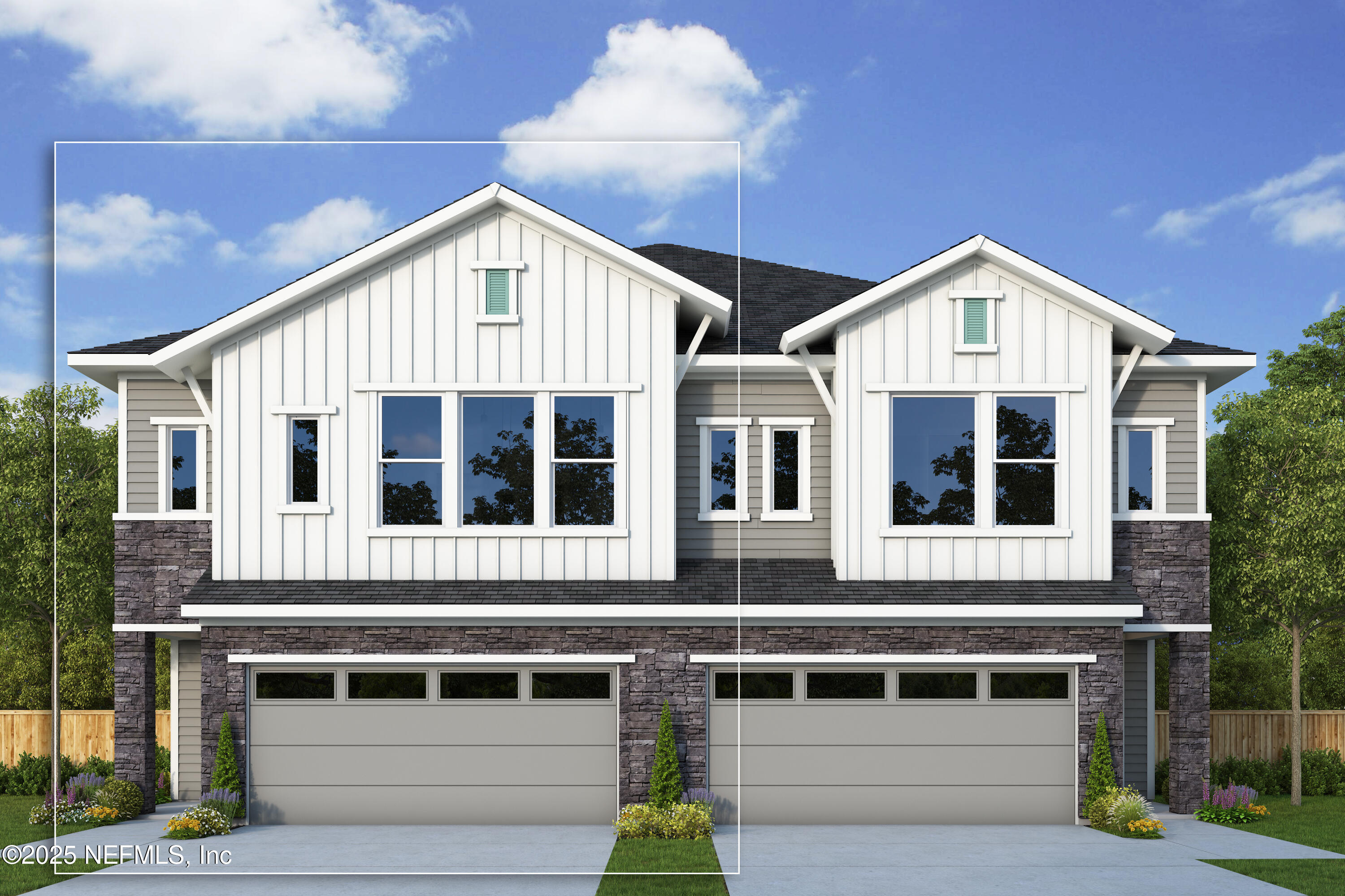 a view of a big house with wooden fence