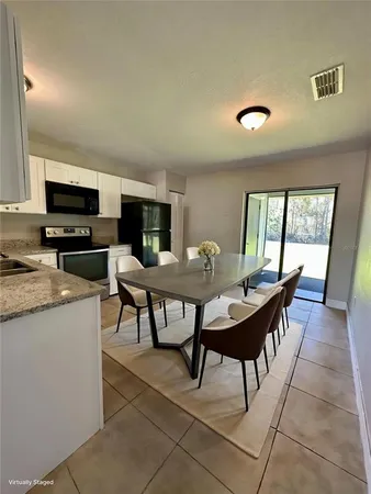 a view of a dining room with furniture