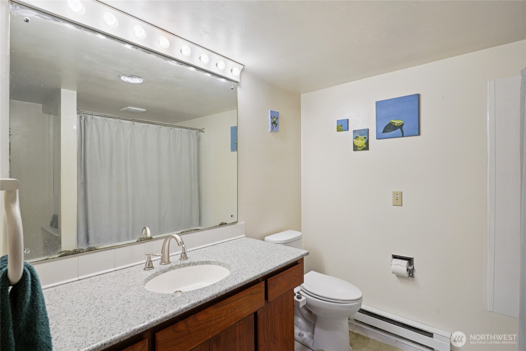 19419 Grannis Road Bothell, WA 98012 - Photo 31 of 40 a bathroom with a granite countertop sink a toilet and a mirror