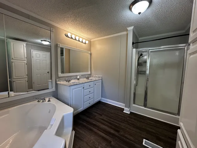 a bathroom with a tub a double vanity sink and mirror