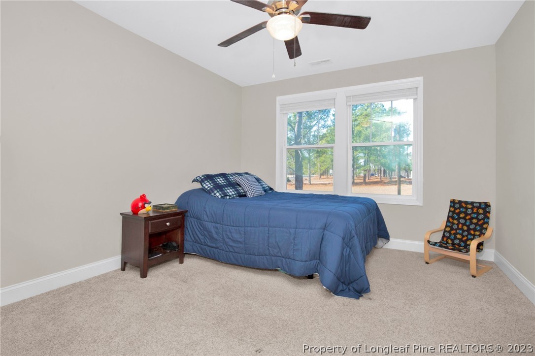101 Carousel Street West End, NC 27376 - Photo 26 of 50 a bedroom with a bed and a chandelier