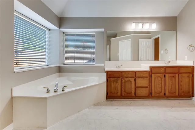 a bathroom with a tub a double vanity sink and a large mirror