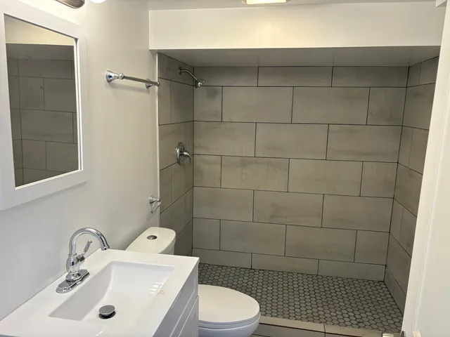 a bathroom with a sink a toilet and shower