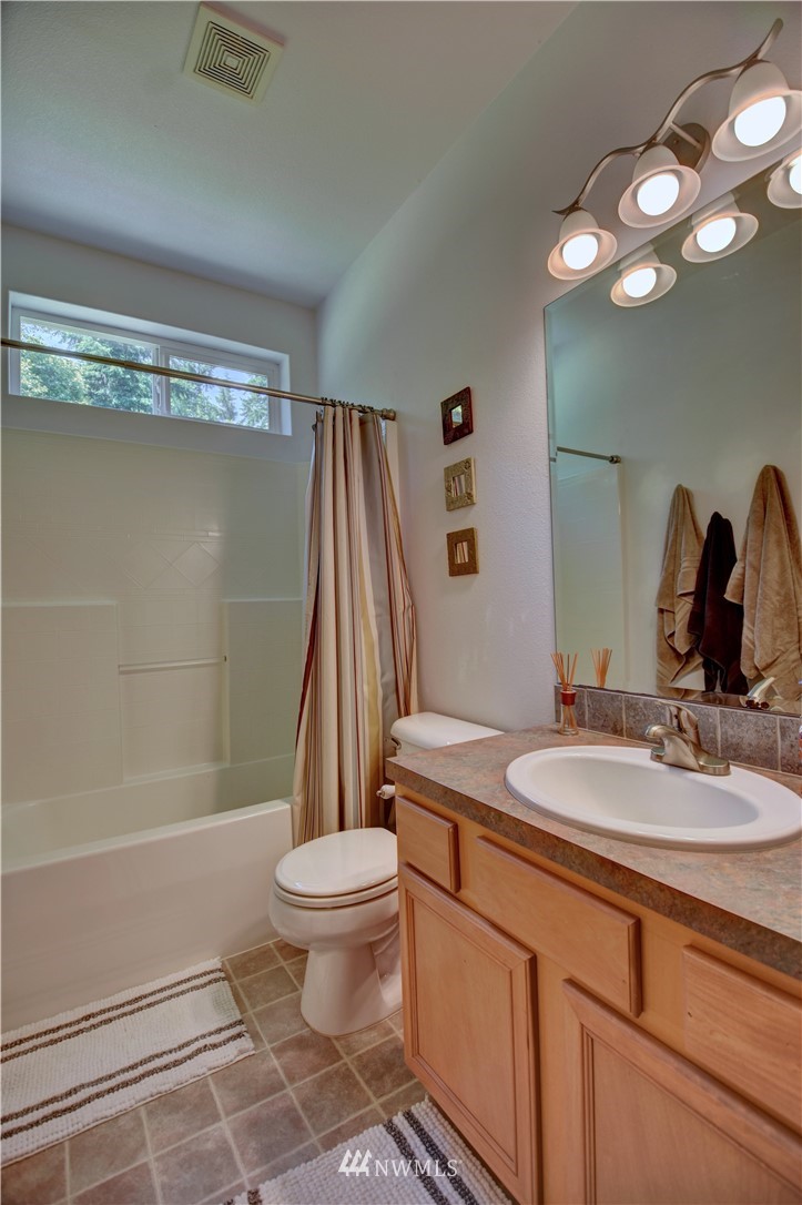 15837 Case Road Southwest Rochester, WA 98579 - Photo 18 of 40 a bathroom with a sink a toilet a mirror and shower