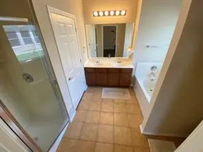 a bathroom with a tub sink and mirror