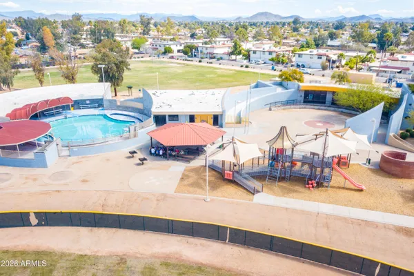 an outdoor space with seating