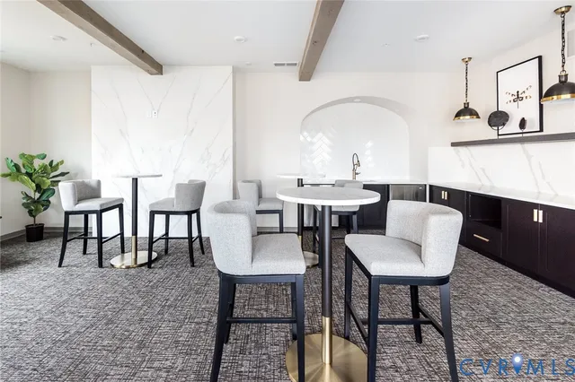 a view of a dining room with furniture