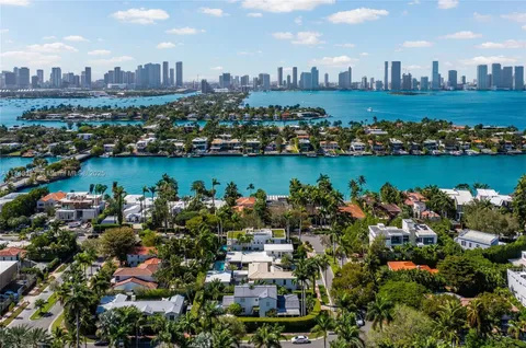 an aerial view of a city with buildings and lake view