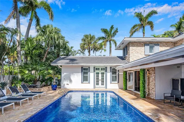 a view of house with swimming pool outdoor seating