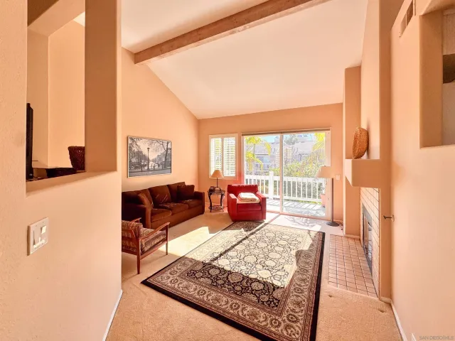 a living room with furniture rug and a floor to ceiling window