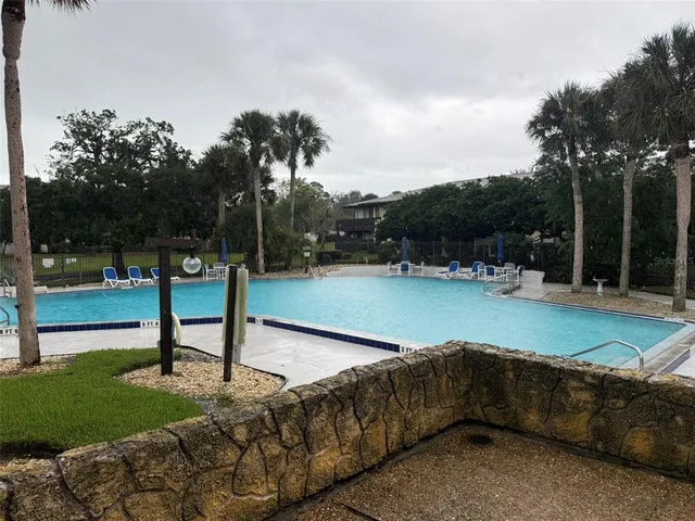 a view of a park with large trees