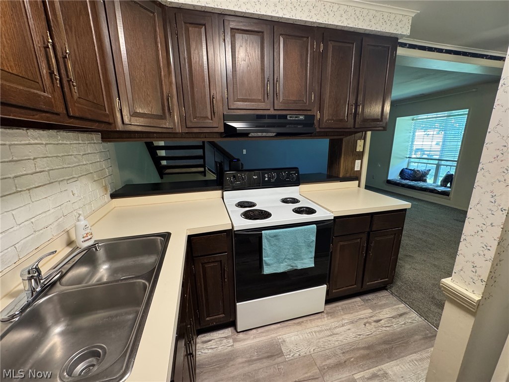 7294 Fox Mill Road, Unit 19D Mentor, OH 44060 - Photo 13 of 27 Kitchen featuring wood cabinetry, a double basin stainless steel sink, a white electric range, and light-toned countertops
