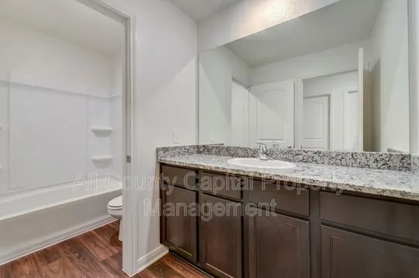 a bathroom with a granite countertop sink and a mirror