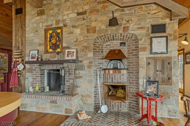an entrance of a house with fireplace