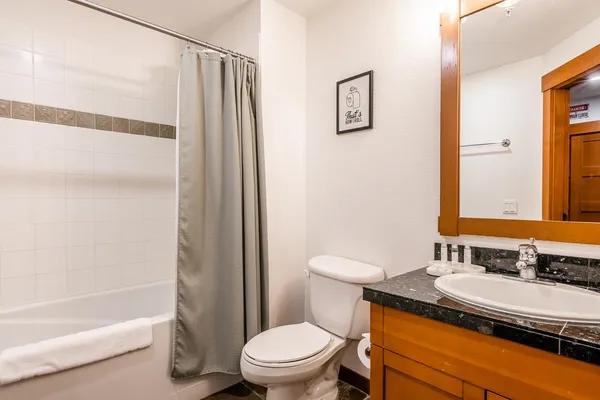a bathroom with a granite countertop sink toilet and shower