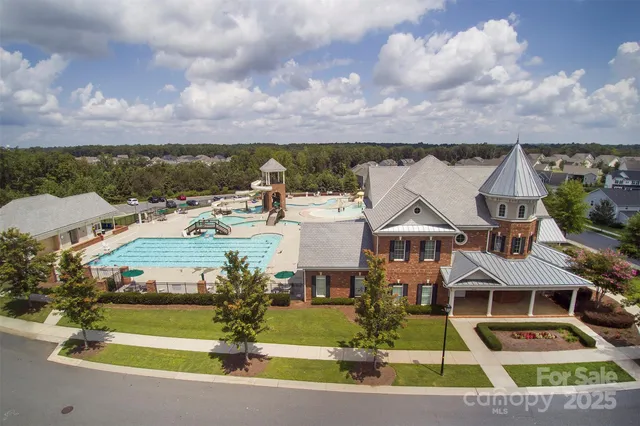 an aerial view of a swimming pool