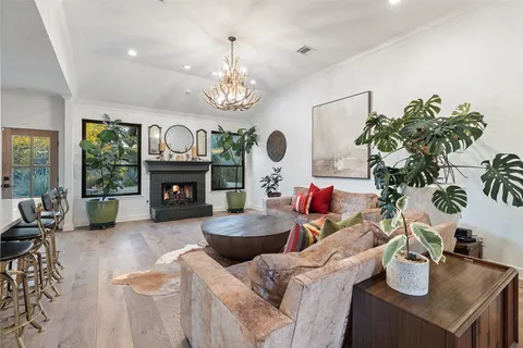 a living room with a couch and a table