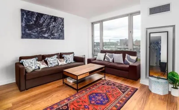 a living room with furniture and a rug