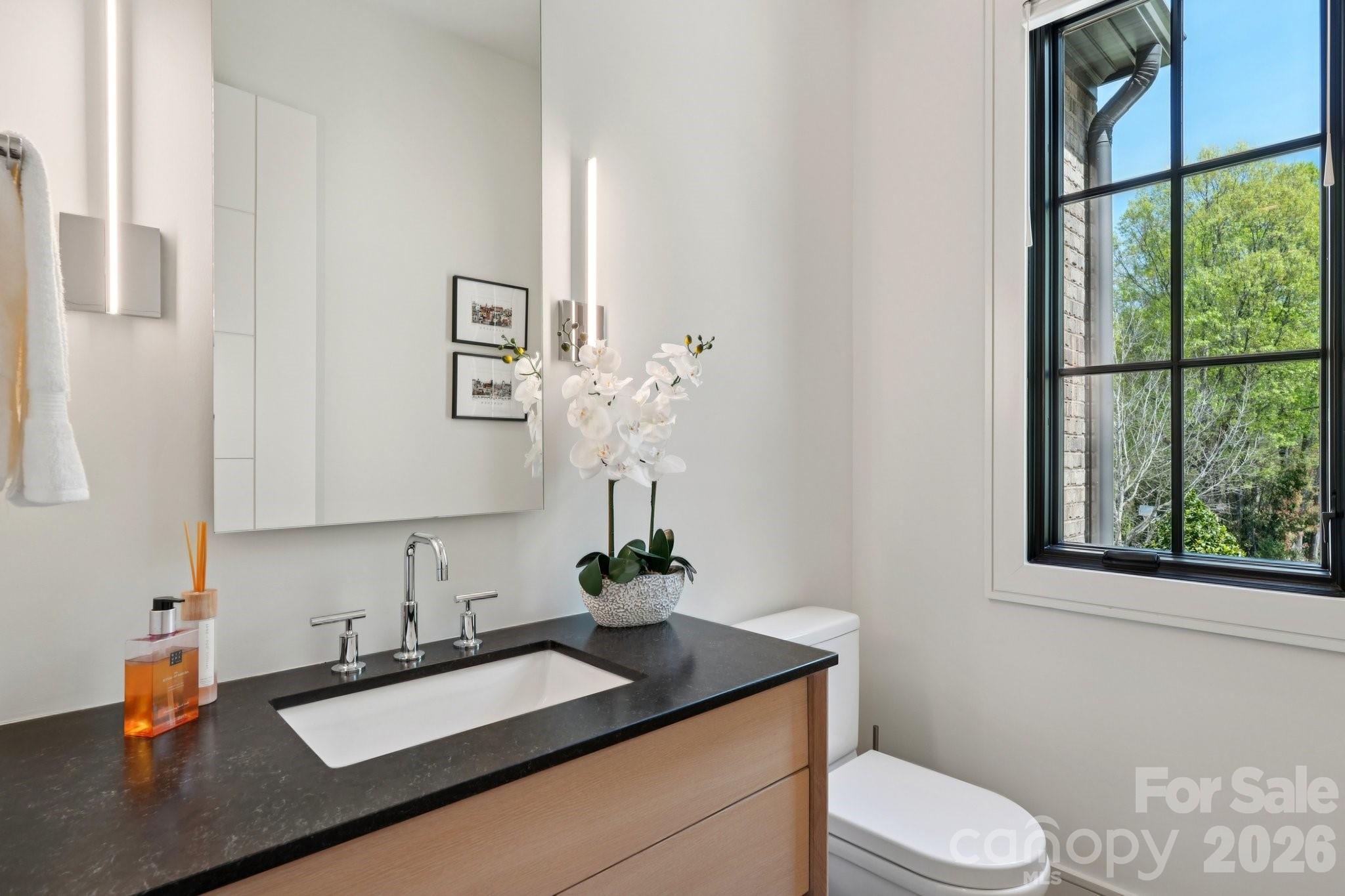 2103 Cortelyou Road Charlotte, NC 28211 - Photo 21 of 45 a bathroom with a granite countertop sink a toilet and mirror