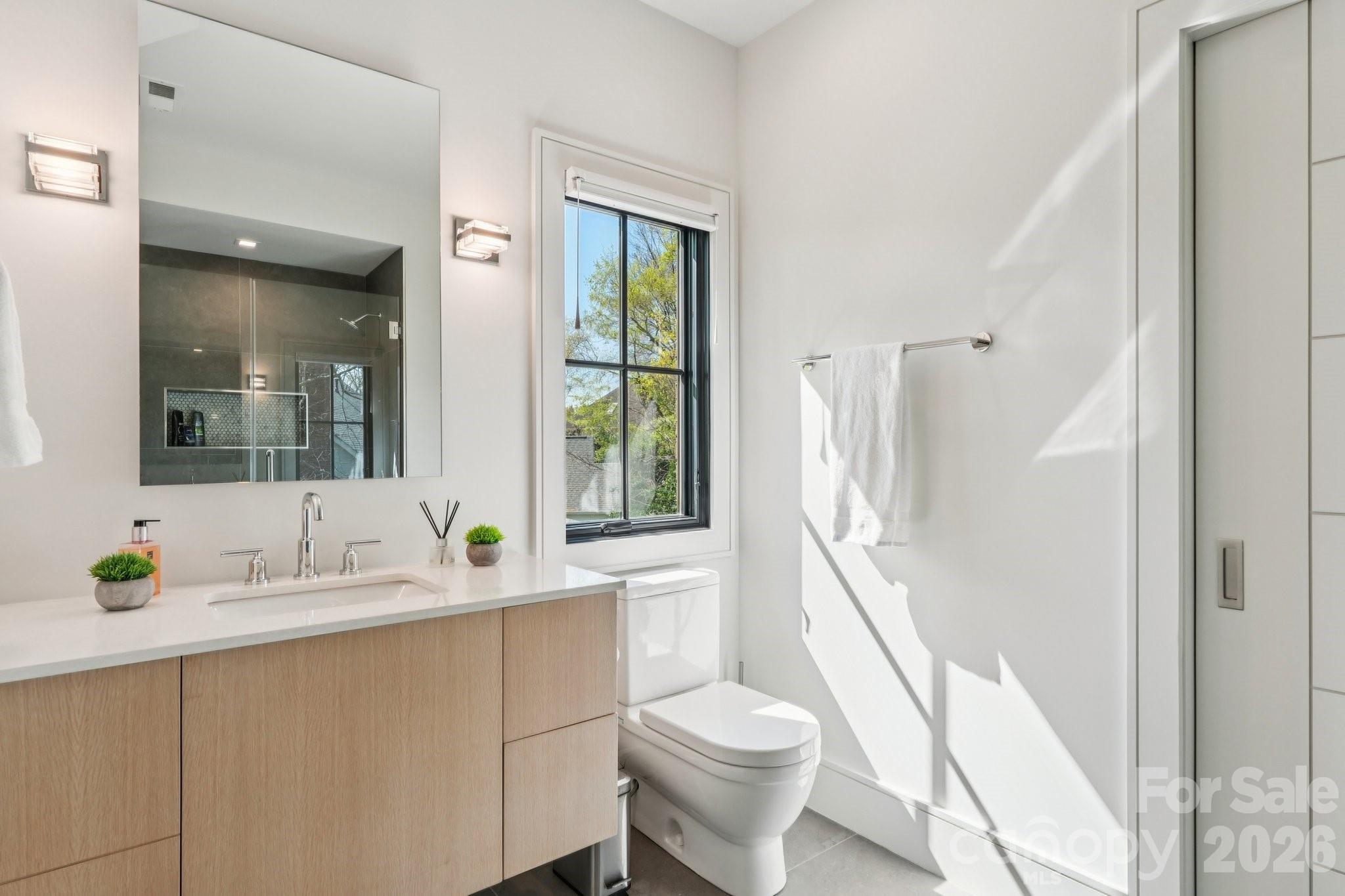 2103 Cortelyou Road Charlotte, NC 28211 - Photo 27 of 45 a bathroom with a sink a toilet and a large mirror