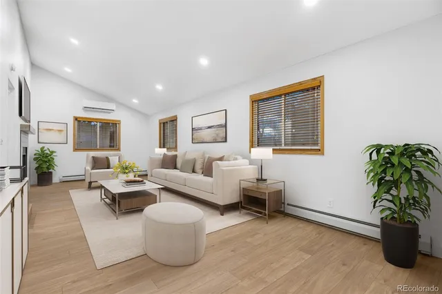 a living room with furniture potted plant and a window