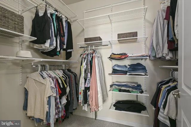 a view of walk in closet with clothes and shoes