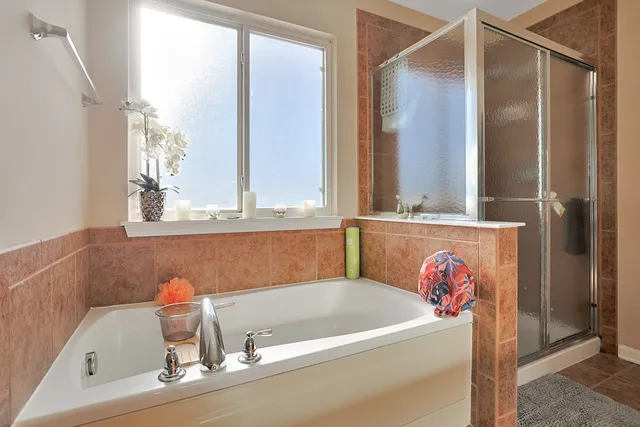 a bathroom with a tub and a window