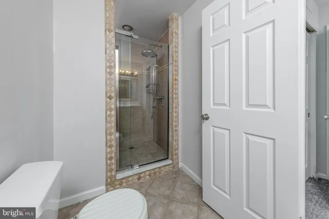 a bathroom with a shower and toilet
